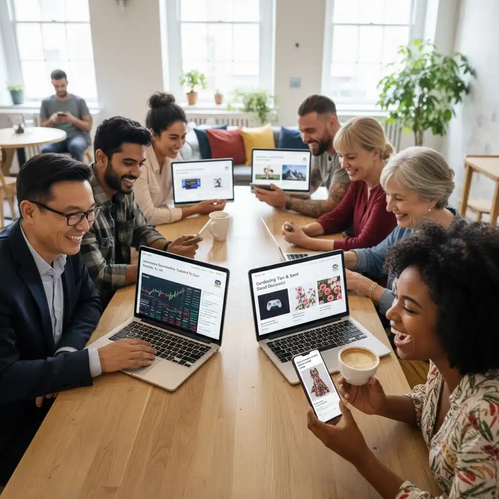 Pessoas diversas recebendo emails personalizados em seus dispositivos, demonstrando engajamento.