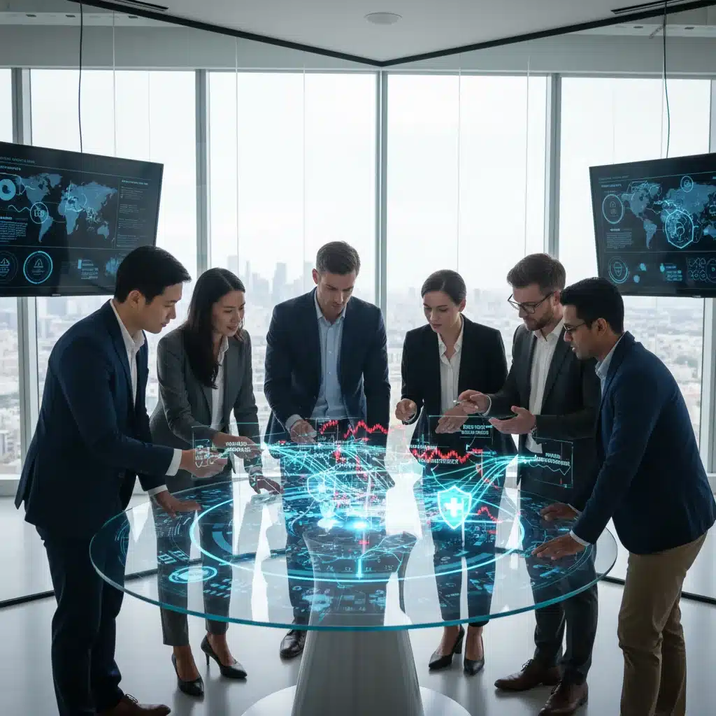 Equipe de cibersegurança colaborando em estratégias de proteção de dados sensíveis com inteligência artificial.
