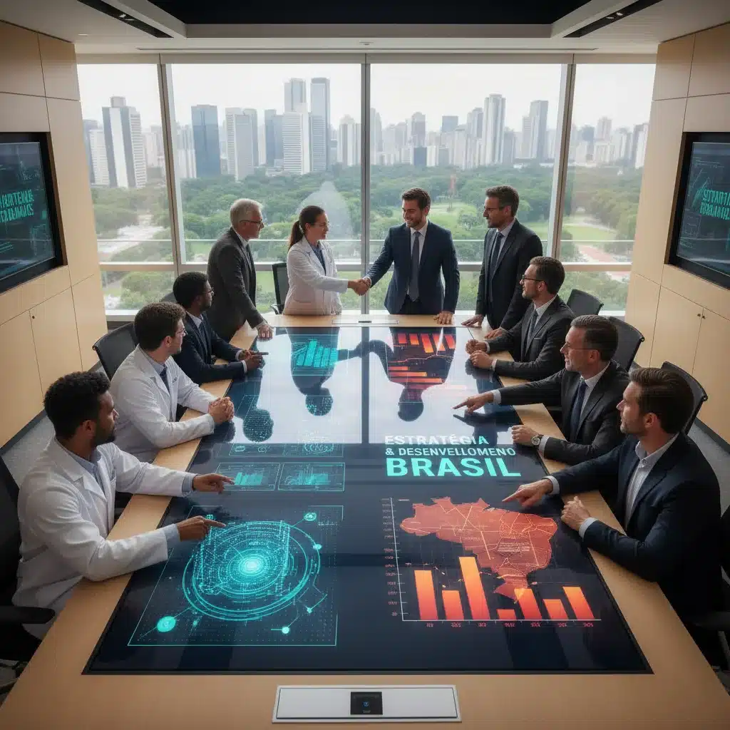 Profissionais diversos colaborando em torno de uma tela holográfica exibindo algoritmos quânticos e projeções de mercado no Brasil.