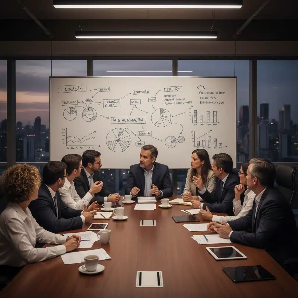 Líderes empresariais e especialistas em tecnologia discutindo estratégias de inovação e KPIs em uma reunião de planejamento.