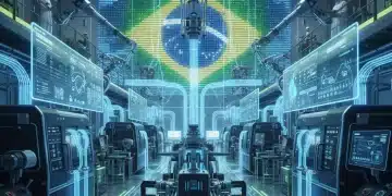 Máquinas industriais conectadas por sensores IIoT, otimizando a produção em fábrica brasileira.