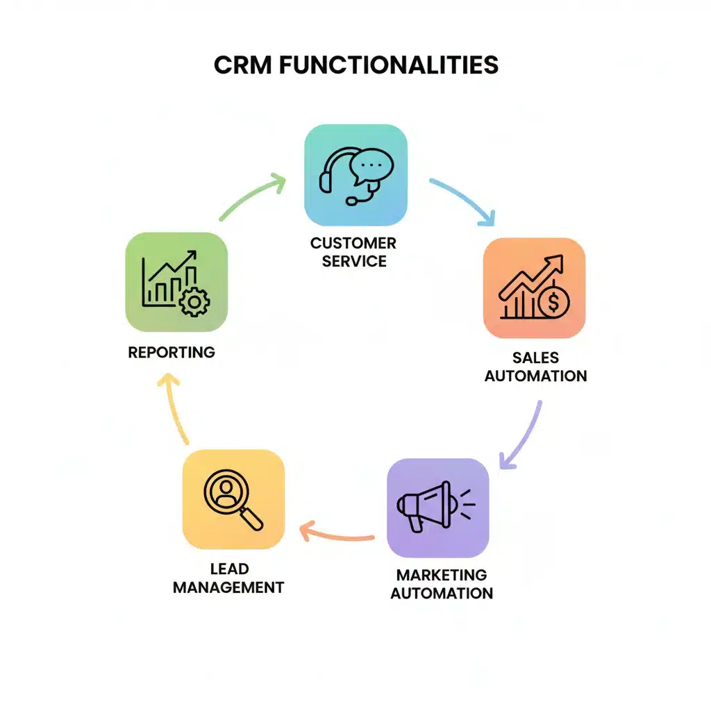 Infográfico com cinco funcionalidades essenciais de um sistema CRM