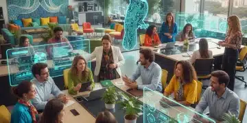 Profissionais brasileiros colaborando em ambiente moderno, com telas digitais, representando inovação de processos e eficiência operacional.