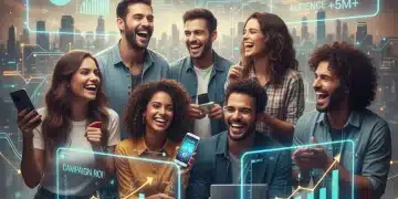Influenciadores digitais brasileiros em reunião estratégica com marcas, mostrando gráficos de crescimento e sucesso em marketing de influência.