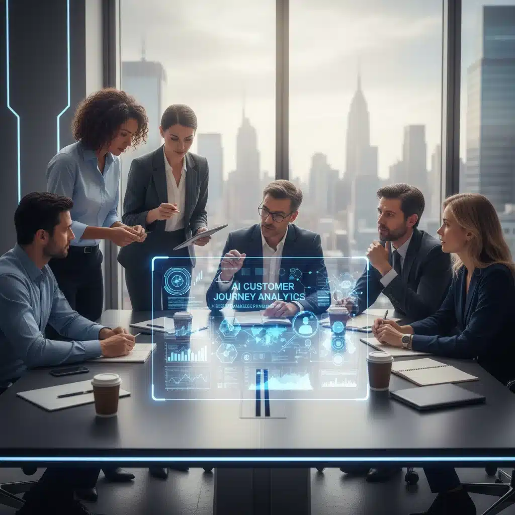 Profissionais de marketing analisando dados de clientes com inteligência artificial para personalização.
