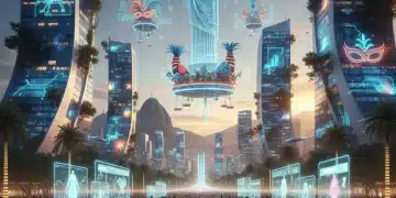 Pessoas interagindo com elementos de realidade aumentada em uma cidade futurista, simbolizando o metaverso e o consumo no Brasil.
