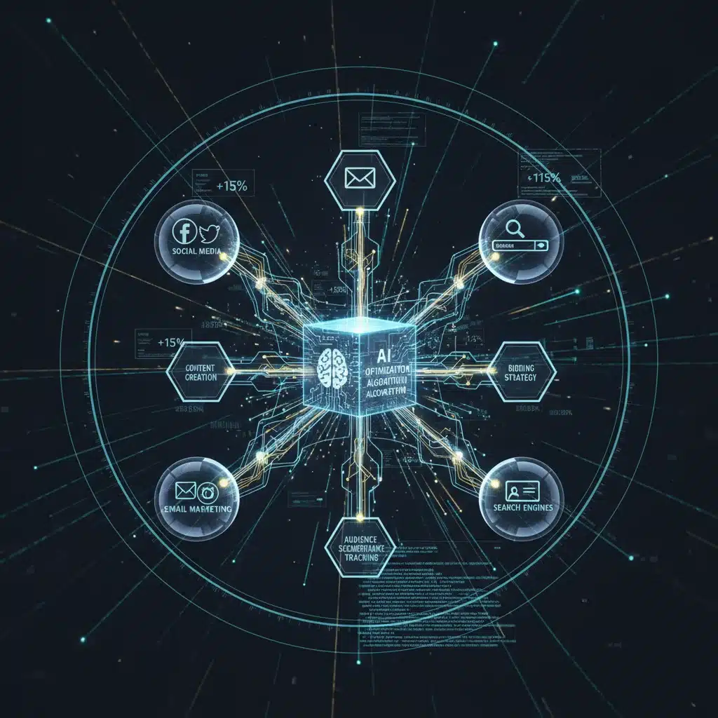 Rede de canais de marketing digital otimizada por algoritmos de inteligência artificial.
