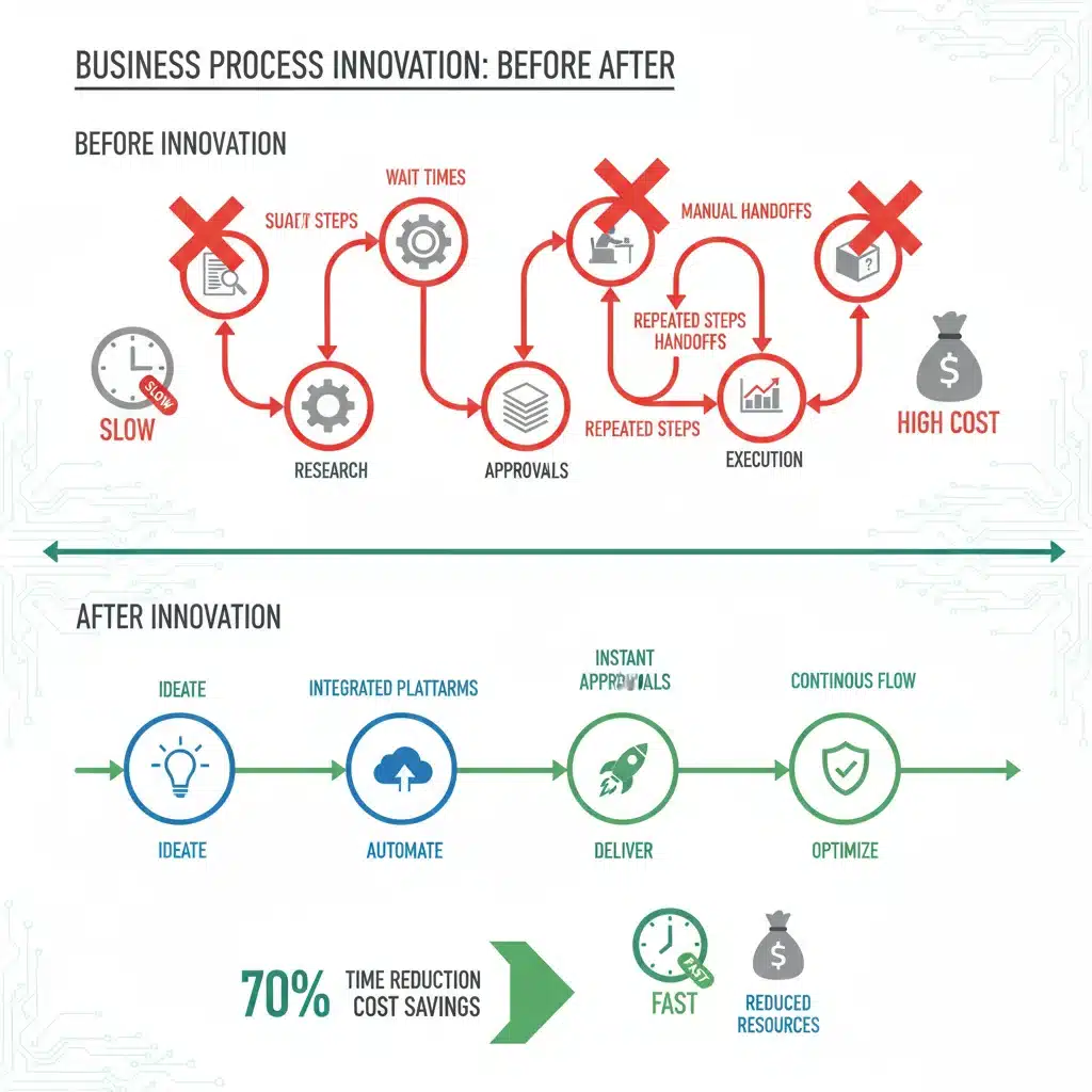 Infográfico comparando processo empresarial antes e depois da inovação, mostrando otimização e redução de gargalos.