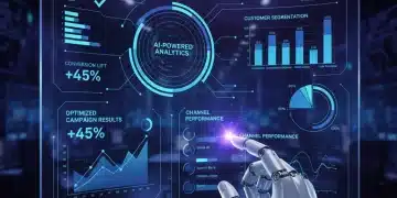 Painel futurista de marketing digital com análises de IA e otimização de campanhas.