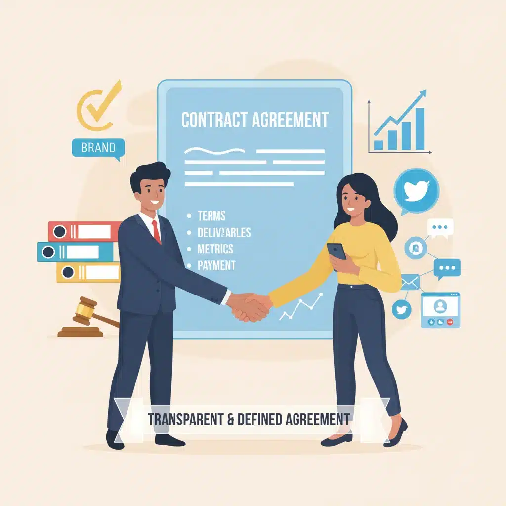 Acordo transparente entre marca e influenciador, com contrato e métricas de desempenho visíveis, simbolizando uma parceria sólida.