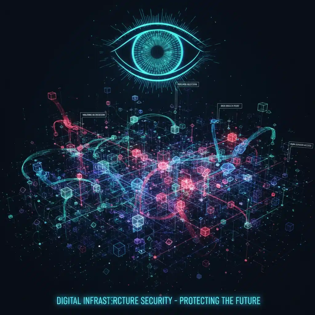 Representação visual de uma rede de dados complexa com pontos de vulnerabilidade e um olho digital vigilante.