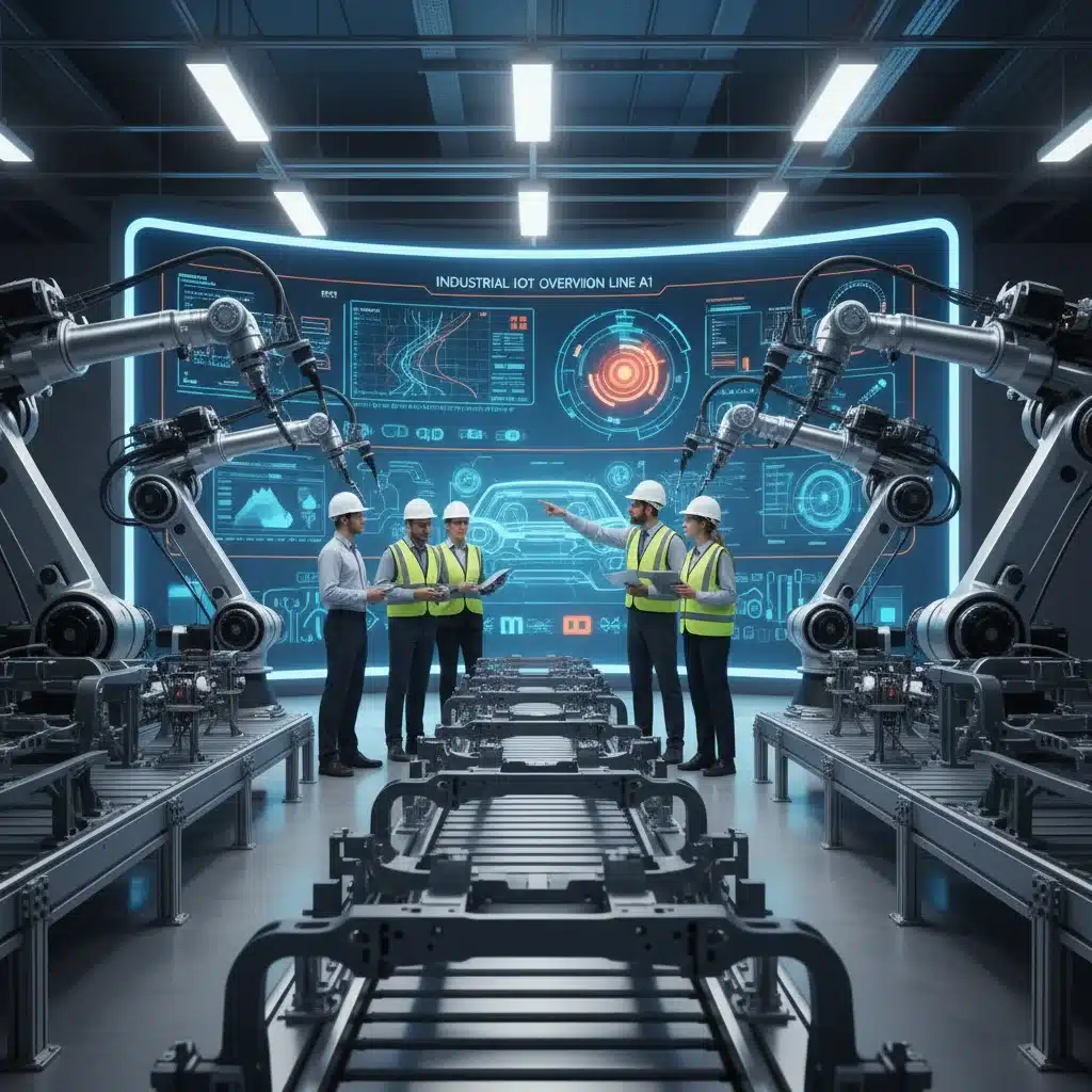 Robôs industriais e engenheiros colaborando em uma linha de produção otimizada por IIoT.