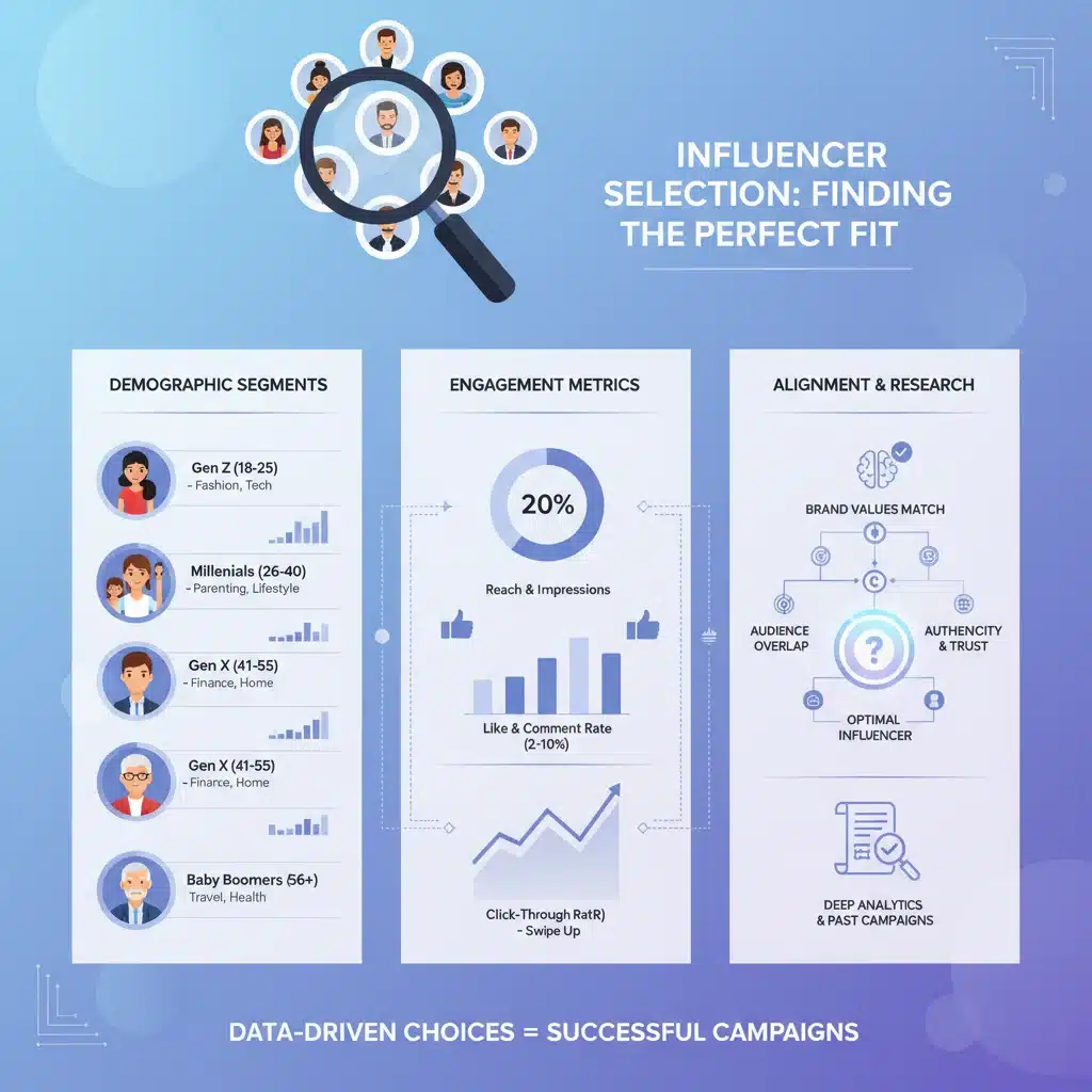Gráfico detalhado sobre a seleção de influenciadores, destacando critérios de público-alvo, engajamento e alinhamento de valores.