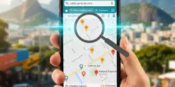Smartphone exibindo resultados de busca local no Google Maps com pontos turísticos brasileiros, simbolizando sucesso de negócios locais.