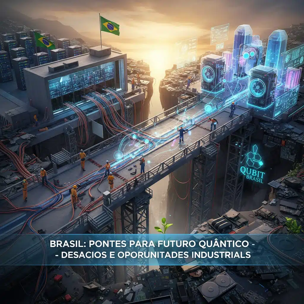 Ponte metafórica conectando infraestrutura de computação clássica a um sistema quântico avançado, ilustrando a transição tecnológica no Brasil.