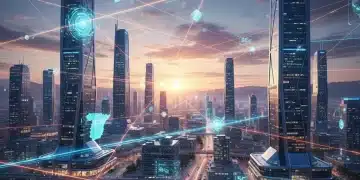 Paisaje urbano futurista con líneas de red 5G brillando, representando la conectividad avanzada en España.