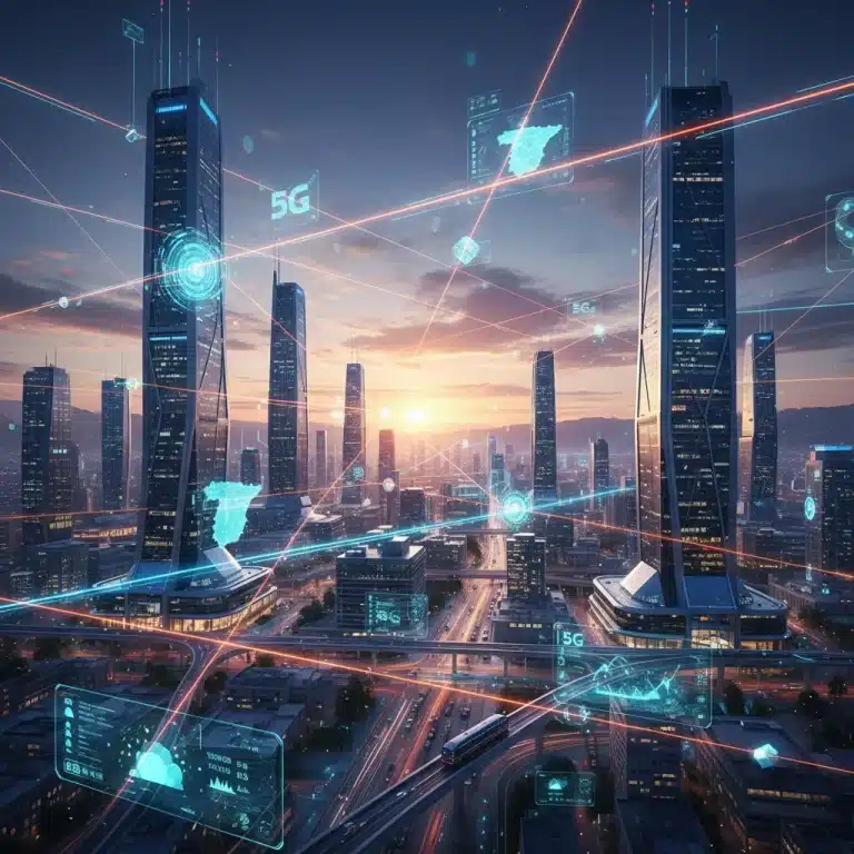 Paisaje urbano futurista con líneas de red 5G brillando, representando la conectividad avanzada en España.