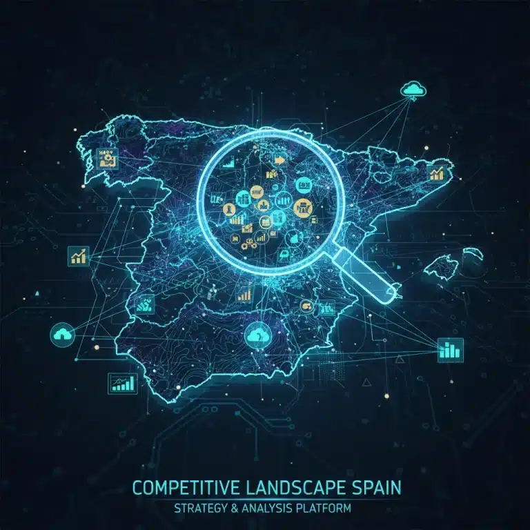 Mapa de España con iconos de empresas y herramientas de análisis digital, representando la competencia en el mercado online español.
