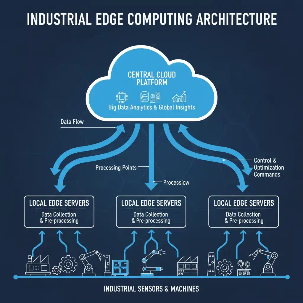 Diagrama de arquitectura Edge Computing mostrando flujo de datos en un entorno industrial.