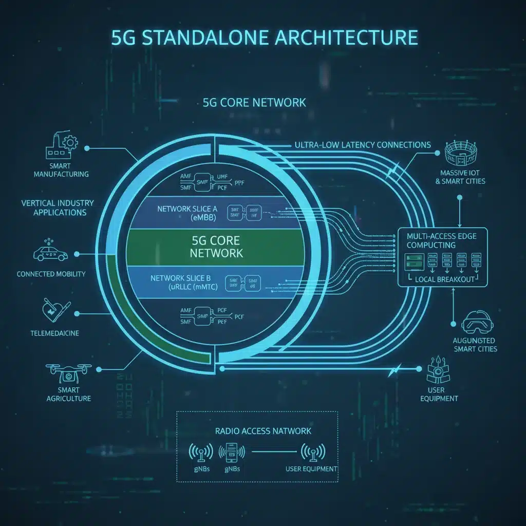 Diagrama técnico de la arquitectura de red 5G Standalone con segmentación y edge computing.