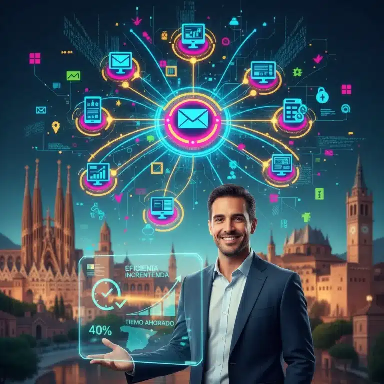 Profesional español interactuando con herramientas de automatización de marketing que muestran ahorro de tiempo y eficiencia.
