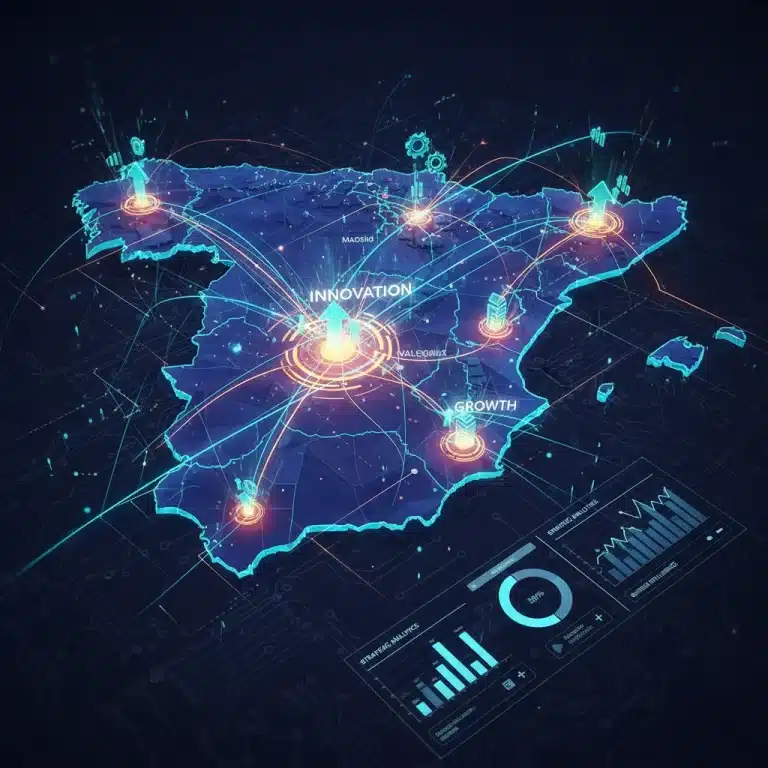Mapa digital de España con flujos de datos y nodos de innovación, simbolizando el impacto del Big Data en la economía.