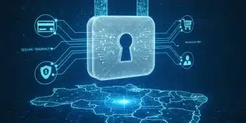Cerradura digital futurista con líneas de blockchain protegiendo el e-commerce en Brasil para 2026.