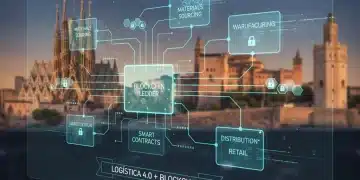 Red logística futurista con tecnología blockchain integrando cadenas de suministro en España.