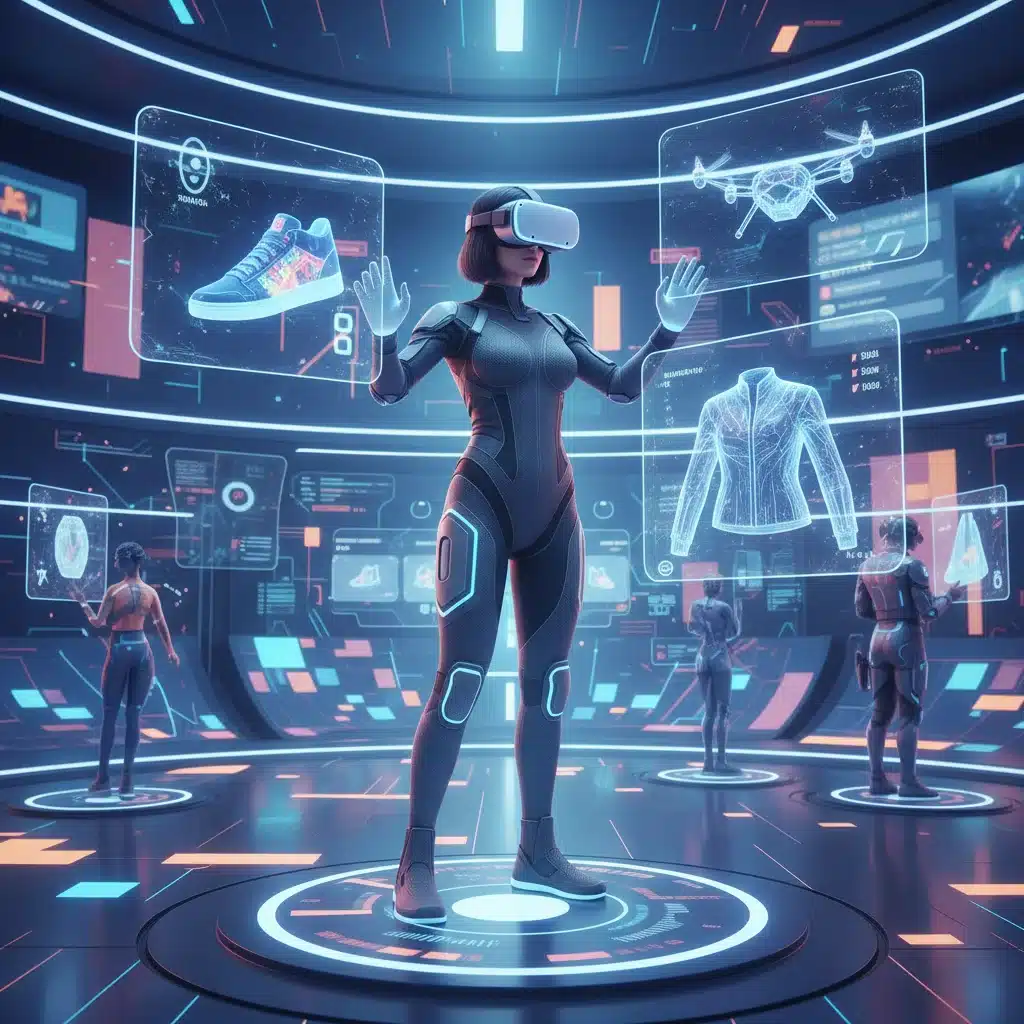 Cliente explorando loja virtual imersiva no metaverso com óculos VR