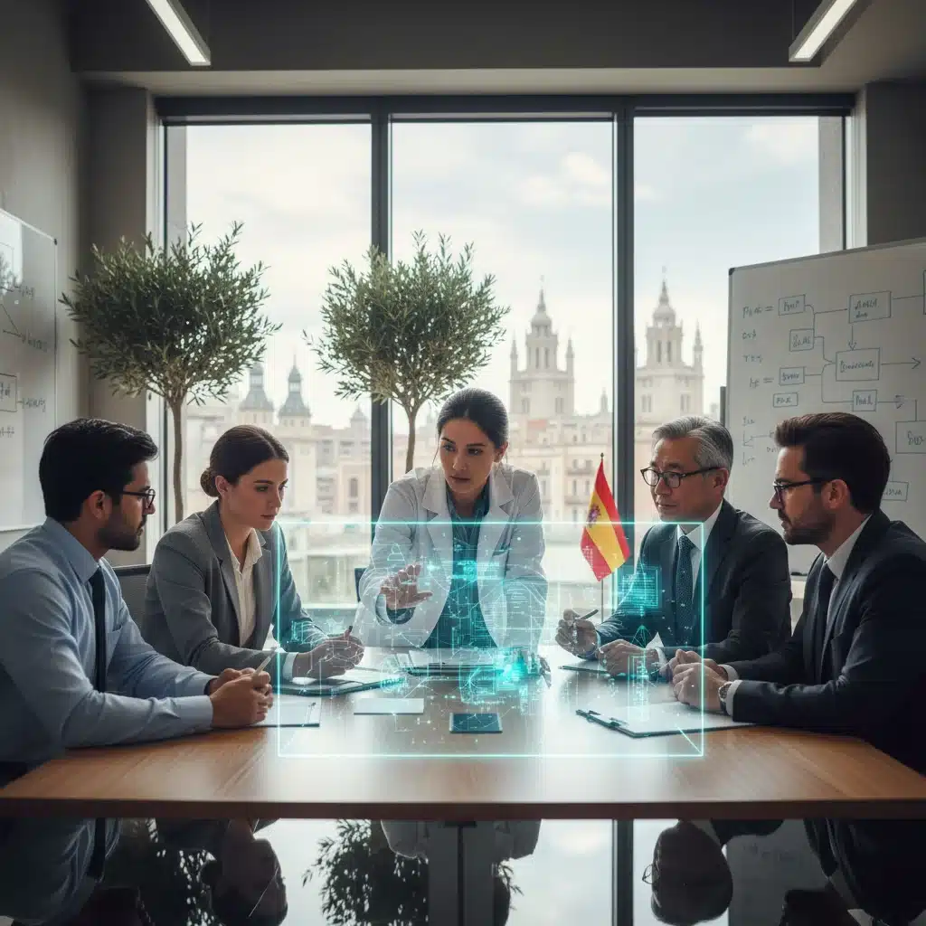 Profesionales colaborando en un laboratorio moderno, discutiendo aplicaciones empresariales de la tecnología cuántica en España.