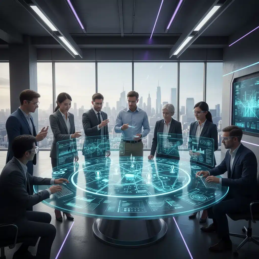Profesionales colaborando con proyecciones holográficas de datos, mostrando aplicaciones empresariales del 5G SA.