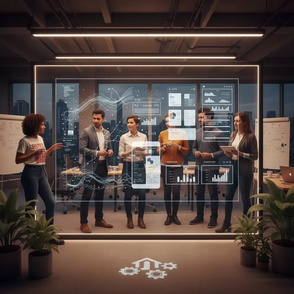 Profesionales diversos colaborando en una pantalla interactiva, simbolizando co-creación.