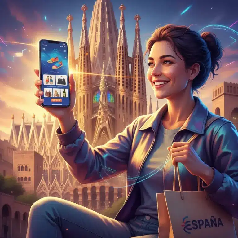 Persona sonriendo mientras compra en su smartphone en España, con monumentos emblemáticos de fondo.
