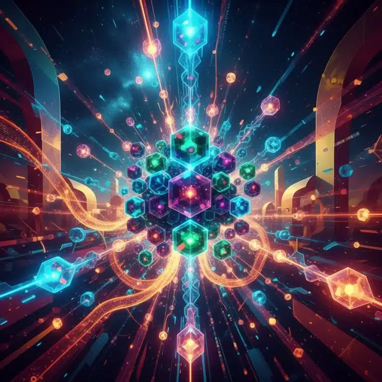 Representación artística de la computación cuántica con elementos futuristas y conexiones complejas, simbolizando su potencial en España.