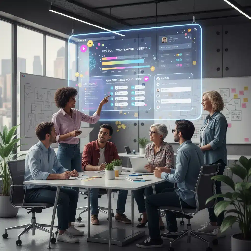 Equipo colaborando en la creación de contenido interactivo y experiencias inmersivas.