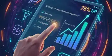 Pessoa interagindo com tela digital exibindo elementos de conteúdo interativo e gráficos de crescimento.