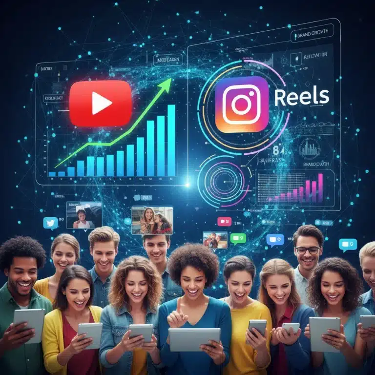 Gráficos de crecimiento y logos de YouTube y Reels representando el aumento de visibilidad de marca.