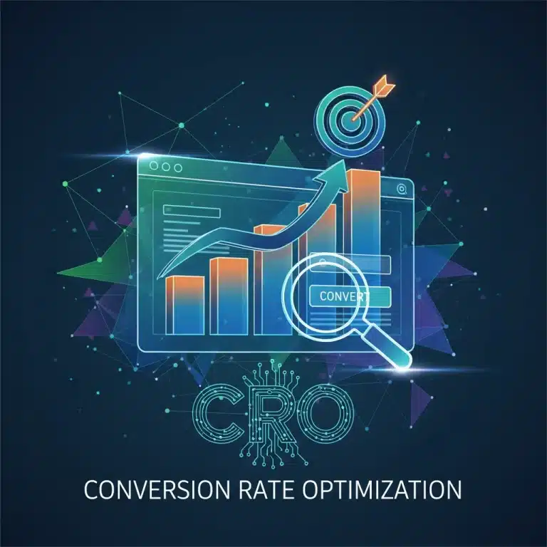 Gráfico de optimización de la tasa de conversión (CRO) con flechas ascendentes y un objetivo.