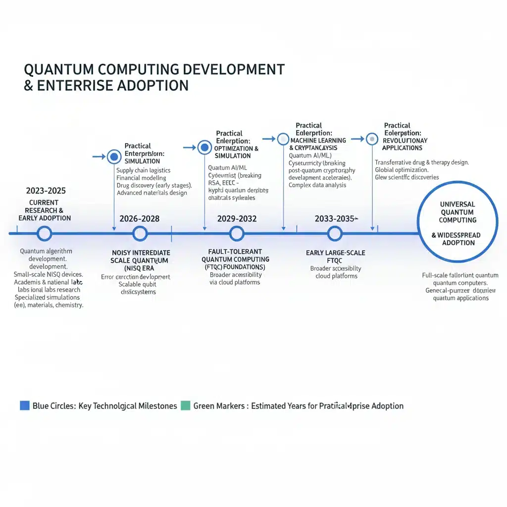 Gráfico de línea de tiempo con hitos clave en el desarrollo de la computación cuántica y su adopción empresarial.