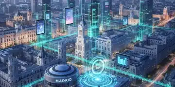 Panorama digital futurista de Madrid con conexiones DeFi, simbolizando el impacto de las finanzas descentralizadas en España para 2026.