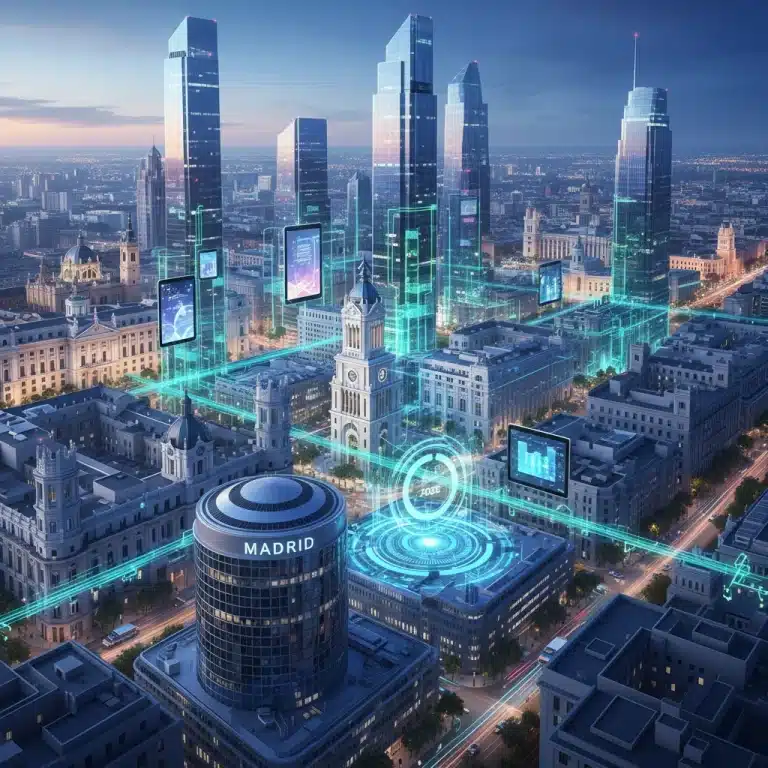 Panorama digital futurista de Madrid con conexiones DeFi, simbolizando el impacto de las finanzas descentralizadas en España para 2026.