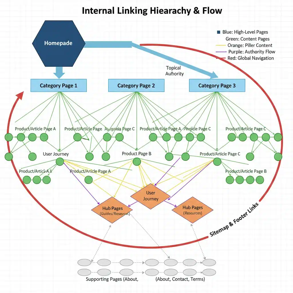 Diagrama detallado de una estructura de enlazado interno optimizada para SEO, mostrando conexiones lógicas entre páginas.