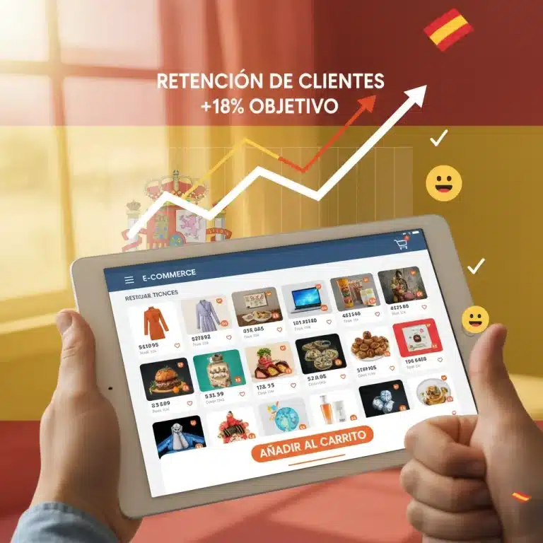 Tablet mostrando e-commerce con productos y crecimiento de retención de clientes en España