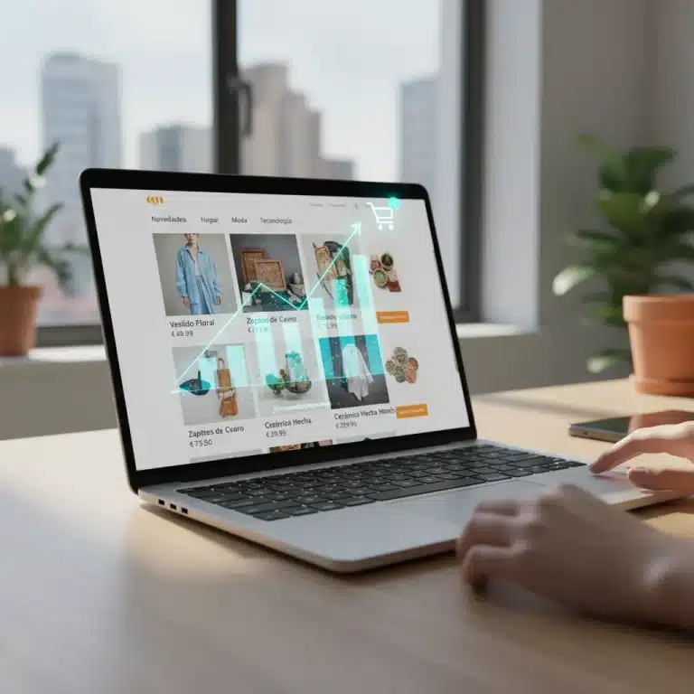 Interfaz moderna de e-commerce en laptop mostrando mejora en satisfacción del cliente