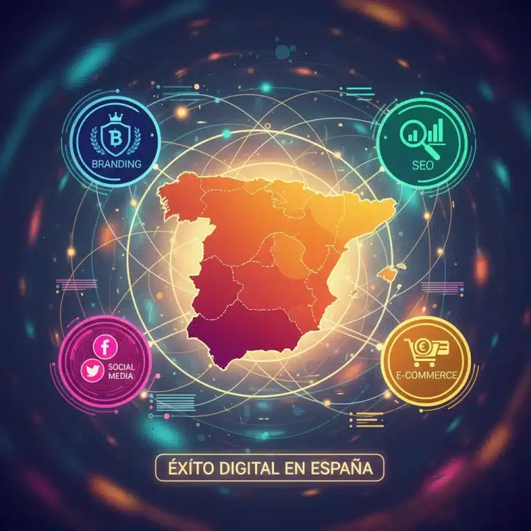 Ecosistema digital con iconos de branding, SEO y redes sociales sobre un mapa de España, simbolizando el éxito online.