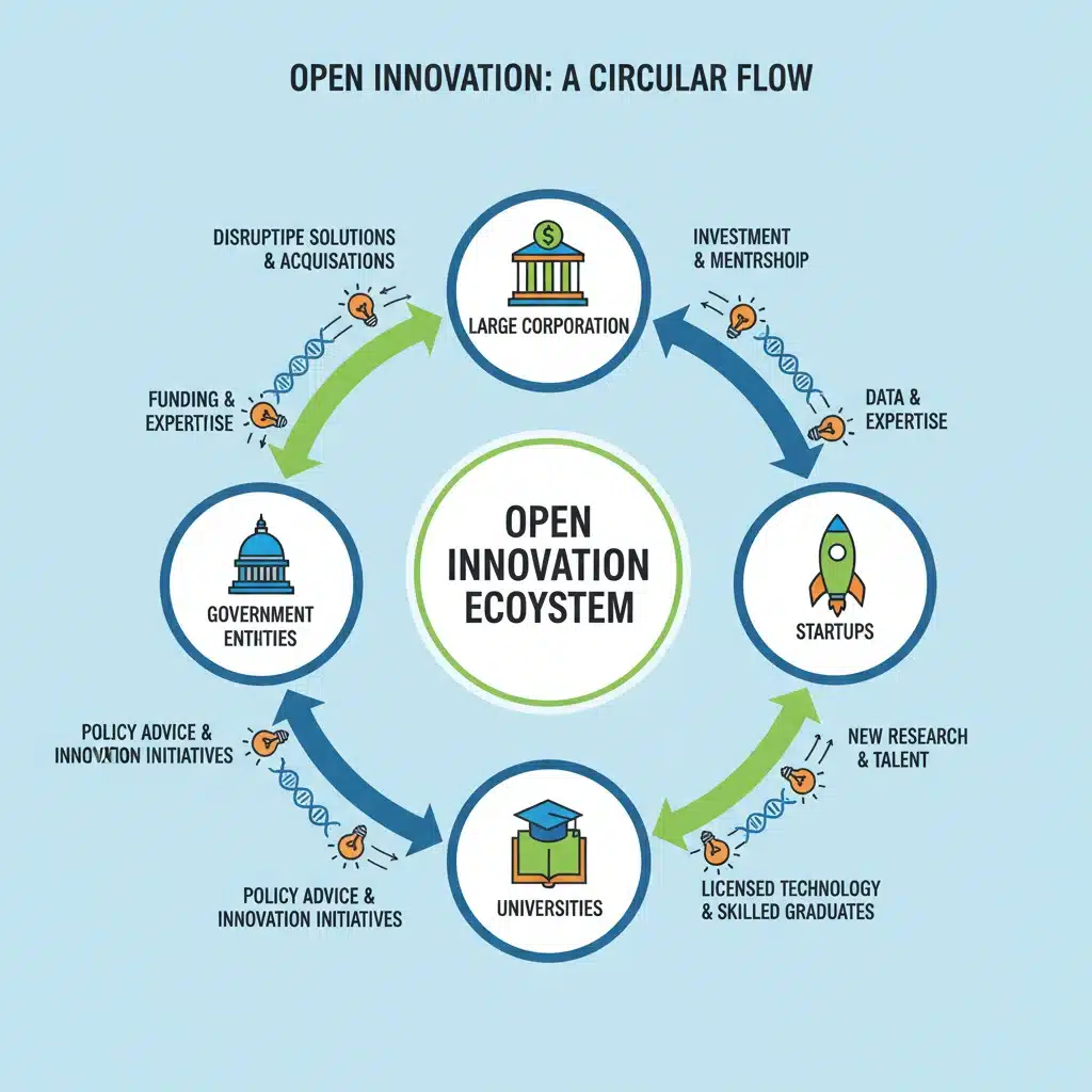 Infografía de ecosistema de innovación abierta: empresas, startups, universidades.