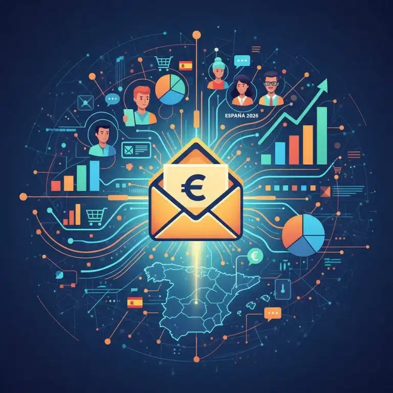 Icono de email rodeado de elementos de marketing digital y datos, representando el email marketing en España en 2026.