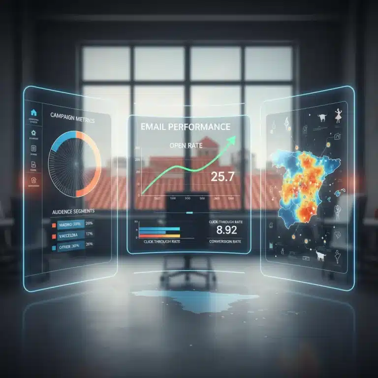 Panel de control de email marketing con gráficos de segmentación y alta tasa de apertura para el mercado español.