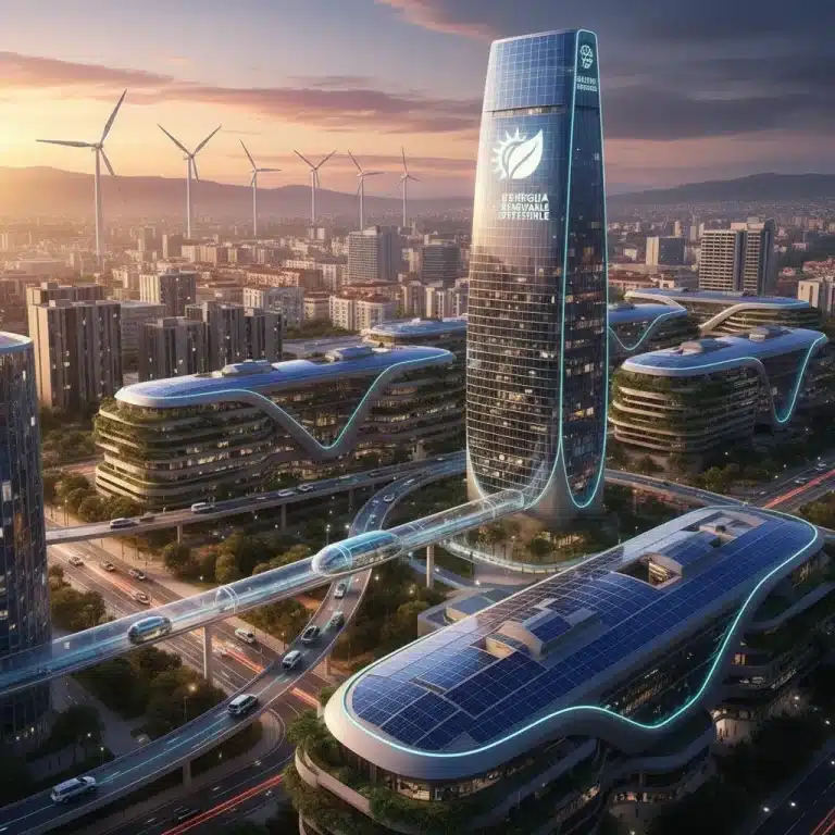 Paisaje urbano español futurista con tecnologías de energía renovable integradas, simbolizando innovación y sostenibilidad.
