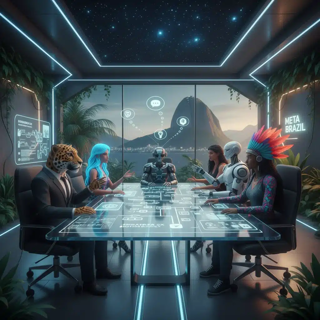 Equipe brasileira colaborando em reunião virtual no metaverso para CX